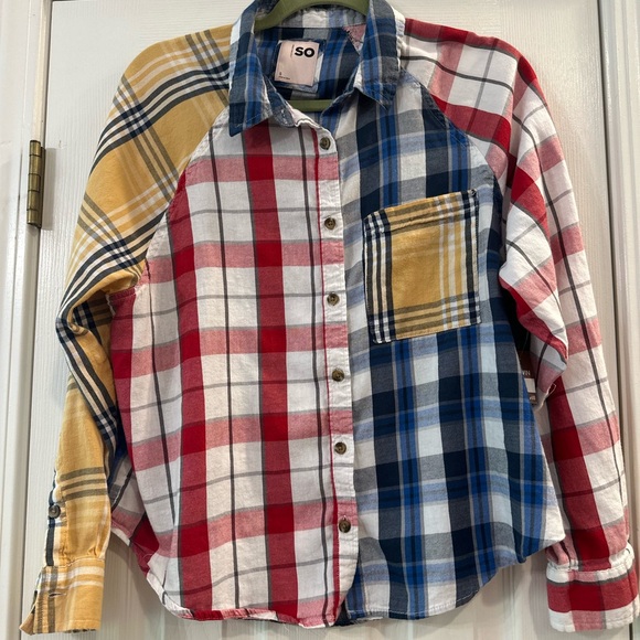 SO color block Plaid Flannel button down Shirt - Picture 1 of 3